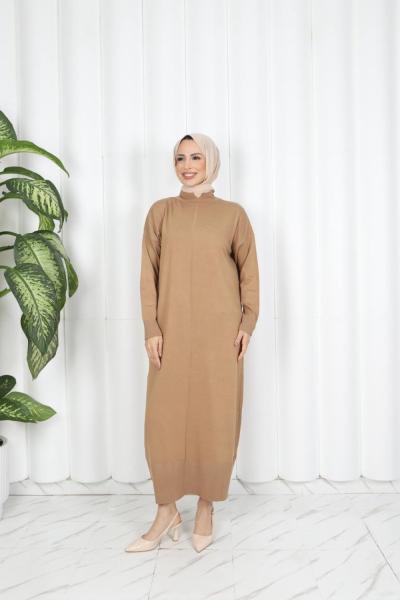 1707 önü çizgi detaylı Elbise  latte Camel