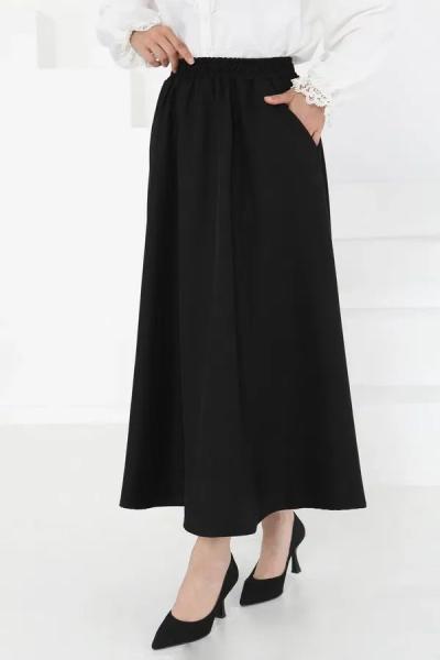 Kadın Cepli Keten Etek Siyah