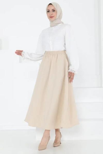 Kadın Cepli Keten Etek Bej