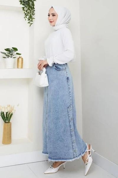 Yandan cepli kot etek Mavi