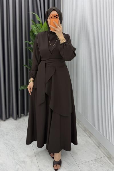 Acı Kahve Manolya Bol Pantolonlu Tesettür Takım Kemerli Double Krep Kumaş