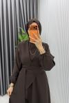 Acı Kahve Manolya Bol Pantolonlu Tesettür Takım Kemerli Double Krep Kumaş