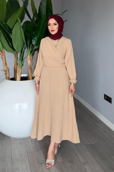 Açık Vizon Helin Elbise Sabit Uzun Kuşaklı Ayrobin Kumaş Tesettür Giyim