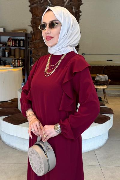 Bordo Edalı Elbise Medine İpeği Kumaş Tesettür Giyim