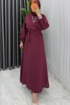 Bordo Emel Elbise Premium Seri Kuşaklı Tam Boy Tesettür Giyim