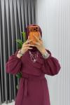 Bordo Emel Elbise Premium Seri Kuşaklı Tam Boy Tesettür Giyim