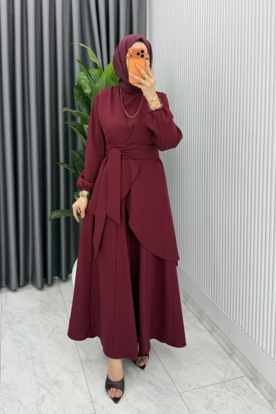 Bordo Manolya Bol Pantolonlu Tesettür Takım Kemerli Double Krep Kumaş