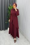 Bordo Manolya Bol Pantolonlu Tesettür Takım Kemerli Double Krep Kumaş