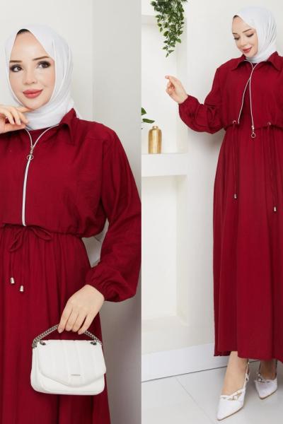 Bordo Moda Fermuar Elbise Takım