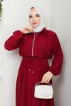Bordo Moda Fermuar Elbise Takım
