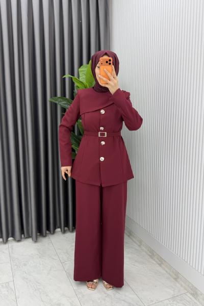 Bordo Zerya Ceket Takım Premium Seri Kemerli Tesettür Giyim Double Krep Plazzo Uzun Pantolon