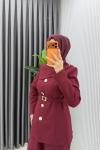 Bordo Zerya Ceket Takım Premium Seri Kemerli Tesettür Giyim Double Krep Plazzo Uzun Pantolon