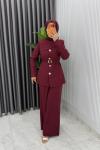 Bordo Zerya Ceket Takım Premium Seri Kemerli Tesettür Giyim Double Krep Plazzo Uzun Pantolon