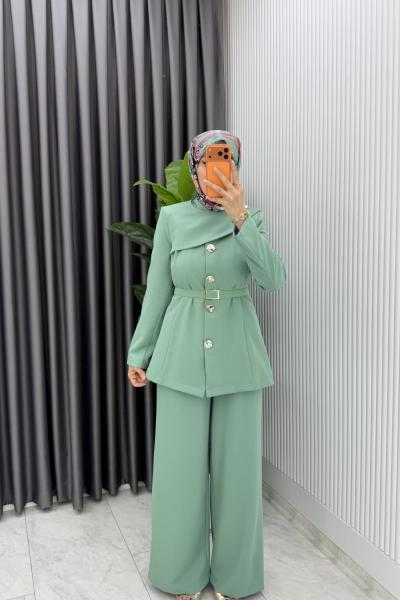 Çağla Zerya Ceket Takım Premium Seri Kemerli Tesettür Giyim Double Krep Plazzo Uzun Pantolon