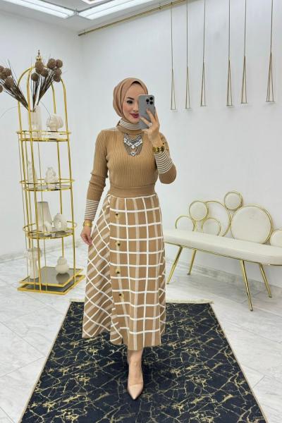 Camel Ekose Etek Takım Tesettür Giyim