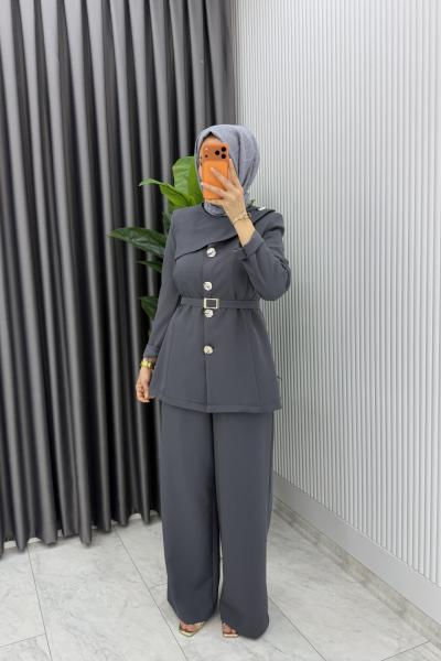 Füme Zerya Ceket Takım Premium Seri Kemerli Tesettür Giyim Double Krep Plazzo Uzun Pantolon