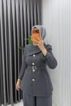 Füme Zerya Ceket Takım Premium Seri Kemerli Tesettür Giyim Double Krep Plazzo Uzun Pantolon