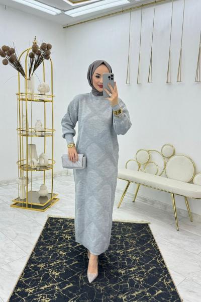 Gri Baklava Triko Elbise Tesettür Giyim