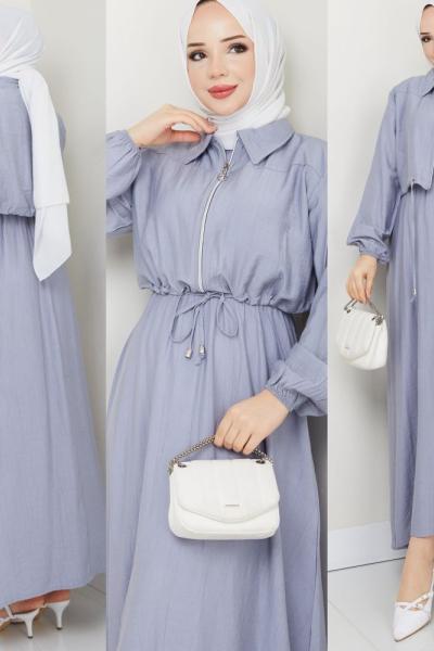 Gri Moda Fermuar Elbise Takım