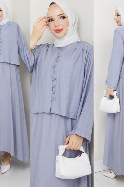 Gri Modadüğme Elbise Takım Tesettür Giyim
