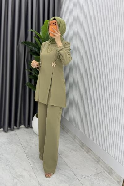 Haki Kardelen Premium Seri Krep Pantolnlu Takım Tesettür Giyim