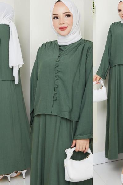 Haki  Modadüğme Elbise Takım Tesettür Giyim