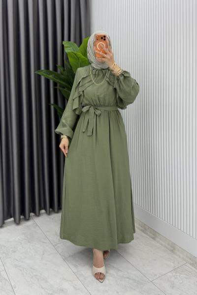 Haki Sara Elbise Premium Seri Tesettür Giyim Modal Kumaş