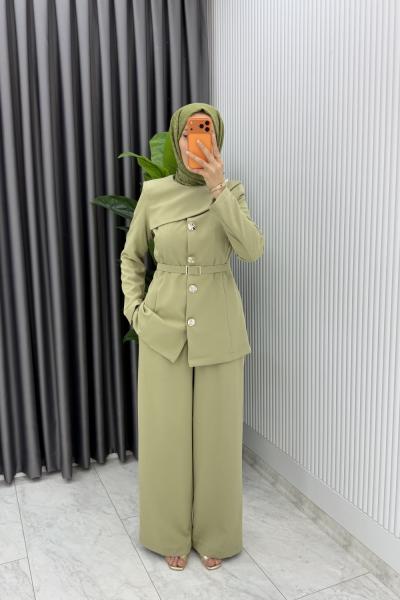 Haki Zerya Ceket Takım Premium Seri Kemerli Tesettür Giyim Double Krep Plazzo Uzun Pantolon