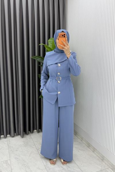 İndigo Zerya Ceket Takım Premium Seri Kemerli Tesettür Giyim Double Krep Plazzo Uzun Pantolon