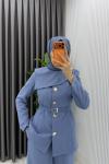 İndigo Zerya Ceket Takım Premium Seri Kemerli Tesettür Giyim Double Krep Plazzo Uzun Pantolon