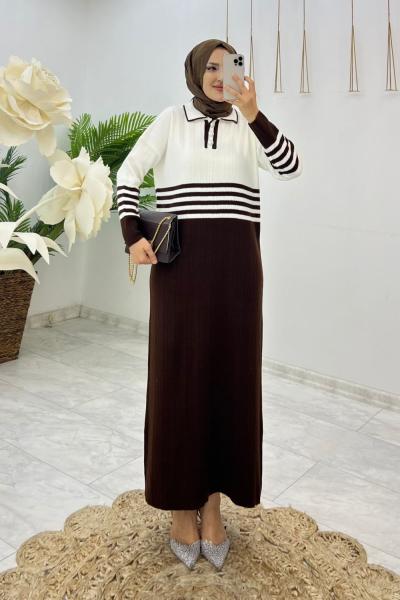 Kahve Ada Triko Elbise Tesettür Giyim