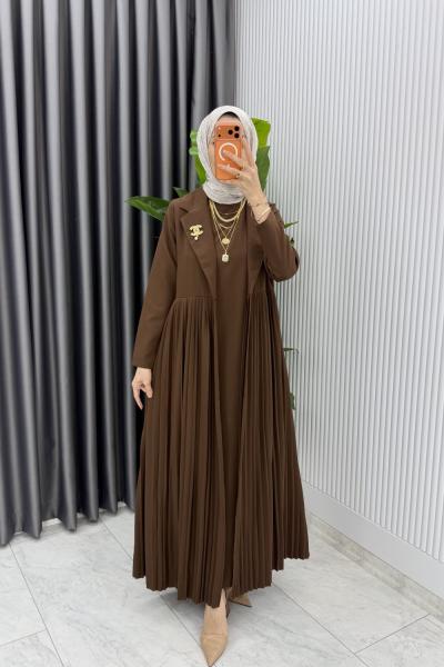 Kahve Broşlu Premıum Sibel Tasarım Takım Tesettür Giyim