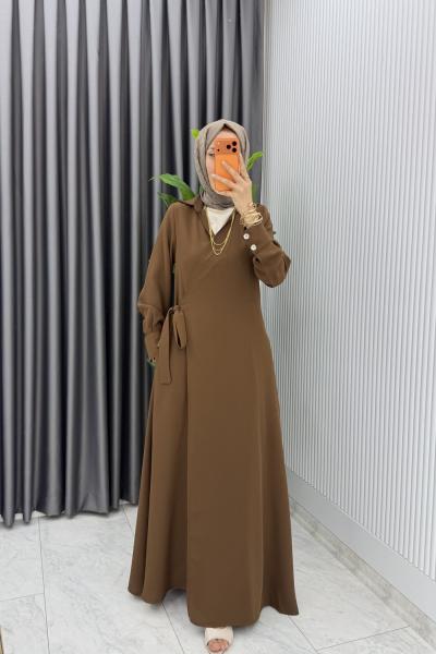 Kahve Eflal Bağlamalı Ferace  Premium Seri Tesettür Giyim