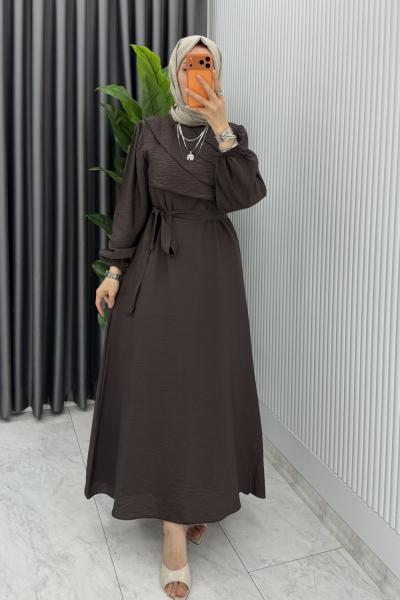 Kahve Emel Elbise Premium Seri Kuşaklı Tam Boy Tesettür Giyim