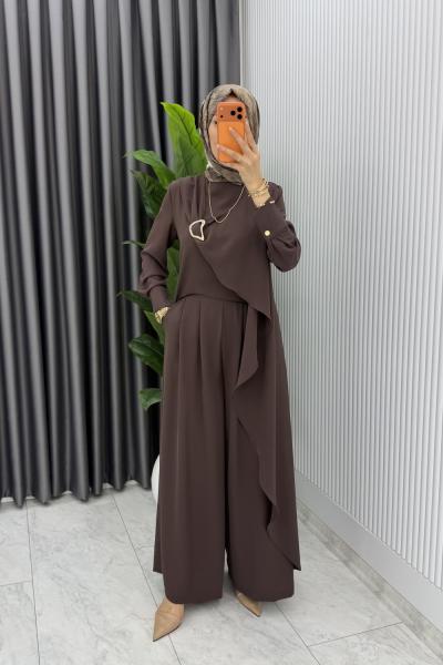 Kahve Nazlı Takım Premium Seri Borş Detaylı Tesettür Giyim