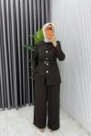 Kahve Zerya Ceket Takım Premium Seri Kemerli Tesettür Giyim Double Krep Plazzo Uzun Pantolon