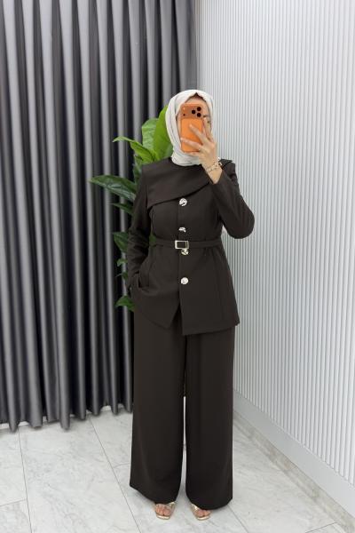 Kahve Zerya Ceket Takım Premium Seri Kemerli Tesettür Giyim Double Krep Plazzo Uzun Pantolon