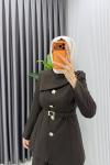 Kahve Zerya Ceket Takım Premium Seri Kemerli Tesettür Giyim Double Krep Plazzo Uzun Pantolon