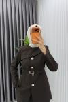 Kahve Zerya Ceket Takım Premium Seri Kemerli Tesettür Giyim Double Krep Plazzo Uzun Pantolon