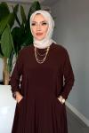 Kahverengi Eslem Elbise Soğuk Sendi Kumaş Cepli Tam Boy Tesettür Giyim
