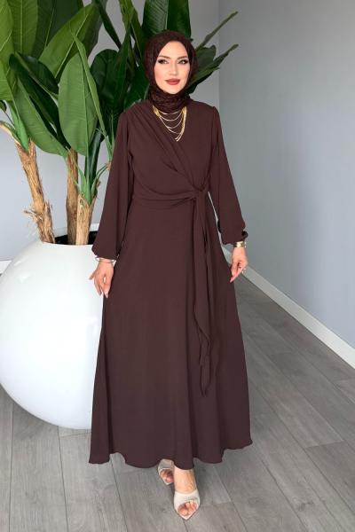 Kahverengi Helin Elbise Sabit Uzun Kuşaklı Ayrobin Kumaş Tesettür Giyim