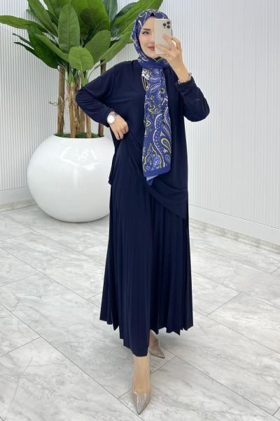 Lacivert Şermin Sandy Piliseli Etek Takım Tesettür Giyim