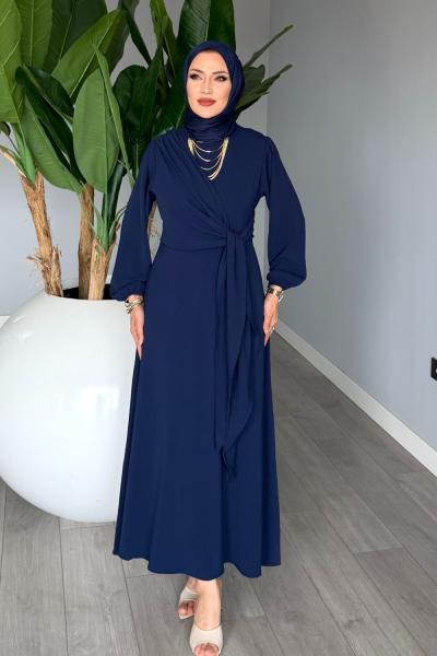 Lacivert Helin Elbise Sabit Uzun Kuşaklı Ayrobin Kumaş Tesettür Giyim