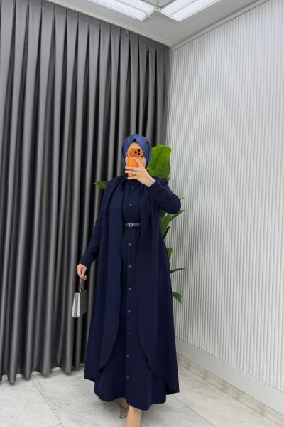 Lacivert Premium Pare Elbise Ferace Tesettür Giyim