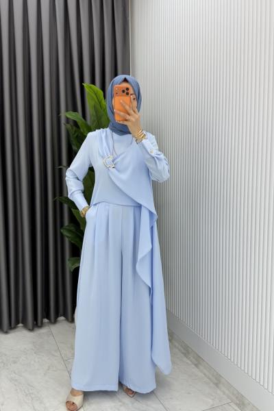 Mavi Nazlı Takım Premium Seri Borş Detaylı Tesettür Giyim