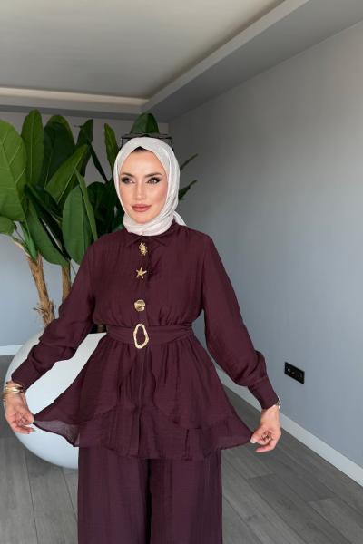 Mürdüm Astarlı Pamuklu Vual Tensel Kemerli Premium Seri Pantolon Takım Tesettür Giyim