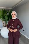 Mürdüm Astarlı Pamuklu Vual Tensel Kemerli Premium Seri Pantolon Takım Tesettür Giyim