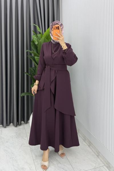Mürdüm Manolya Bol Pantolonlu Tesettür Takım Kemerli Double Krep Kumaş