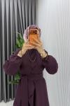 Mürdüm Manolya Bol Pantolonlu Tesettür Takım Kemerli Double Krep Kumaş