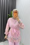 Pembe Çiçek Takım Kuşaklı Özel Seri Tam Boy Pantolon Tesettür Giyim